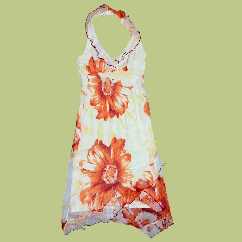 Vintage 90s Y2K Orange Floral Asymmetrical Midi Dress - Picture 4 of 7
